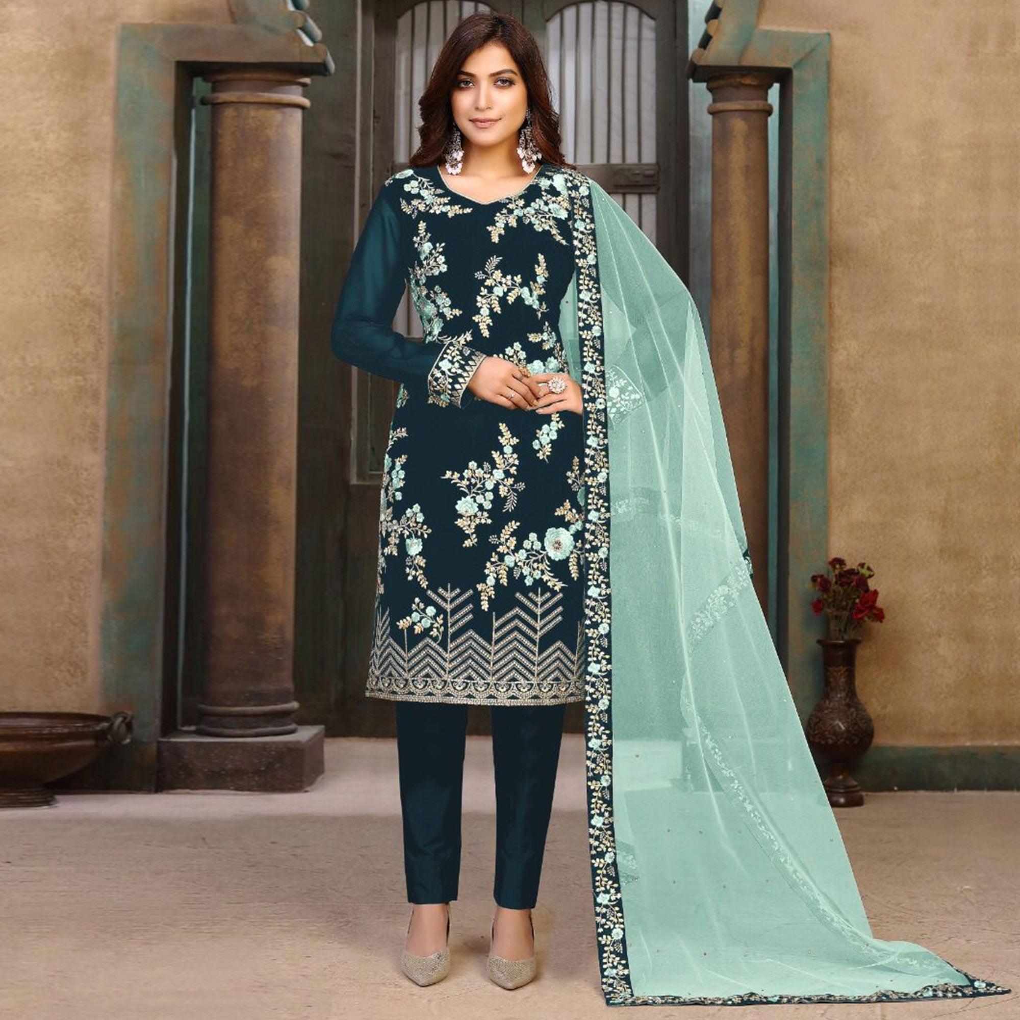 Rama Blue Partywear Embroidered Heavy Faux Georgette Salwar Suit - Peachmode