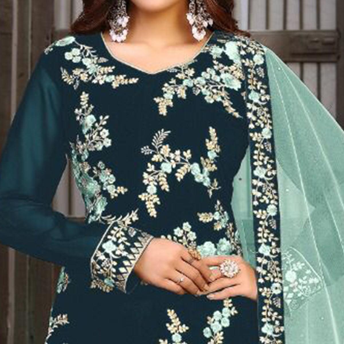 Rama Blue Partywear Embroidered Heavy Faux Georgette Salwar Suit - Peachmode