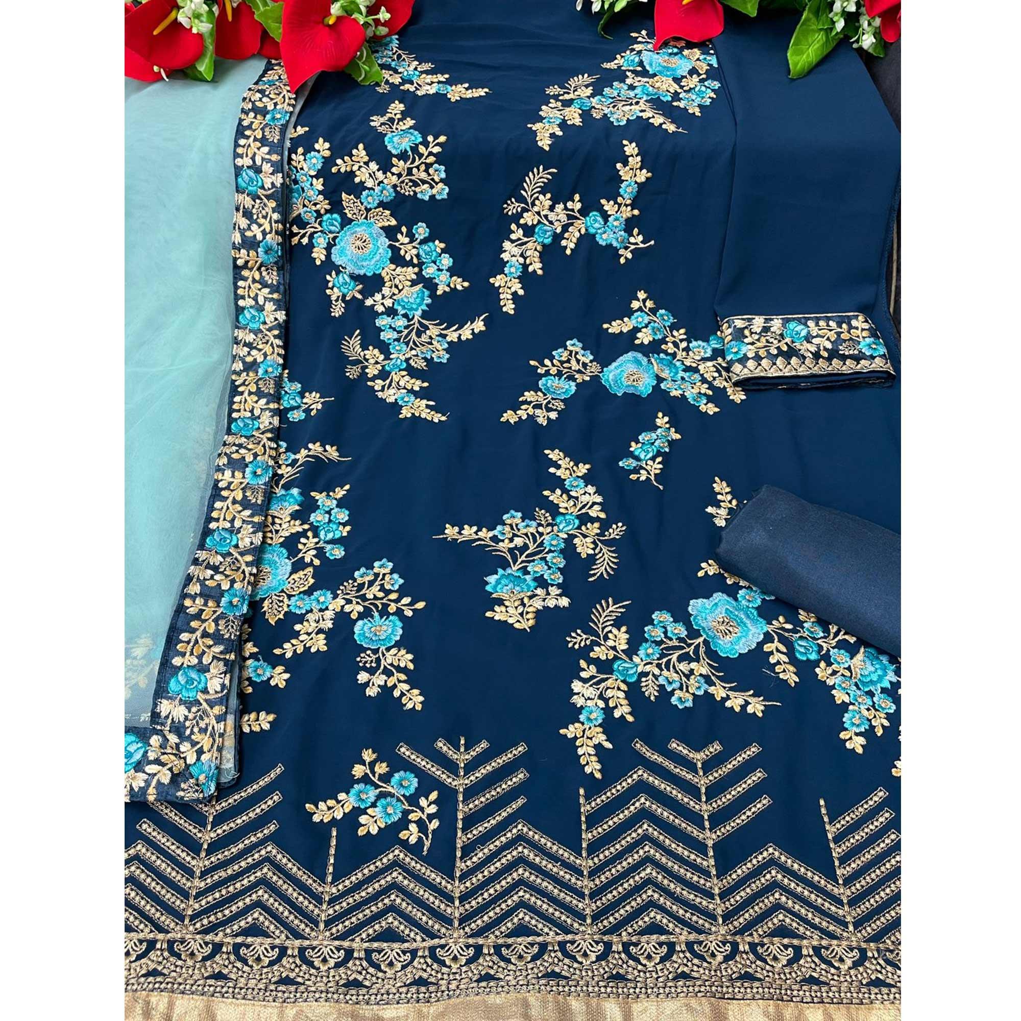 Rama Blue Partywear Embroidered Heavy Faux Georgette Salwar Suit - Peachmode