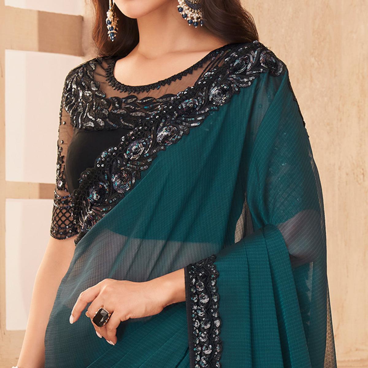 Rama Blue Partywear Embroidered Silk Saree - Peachmode
