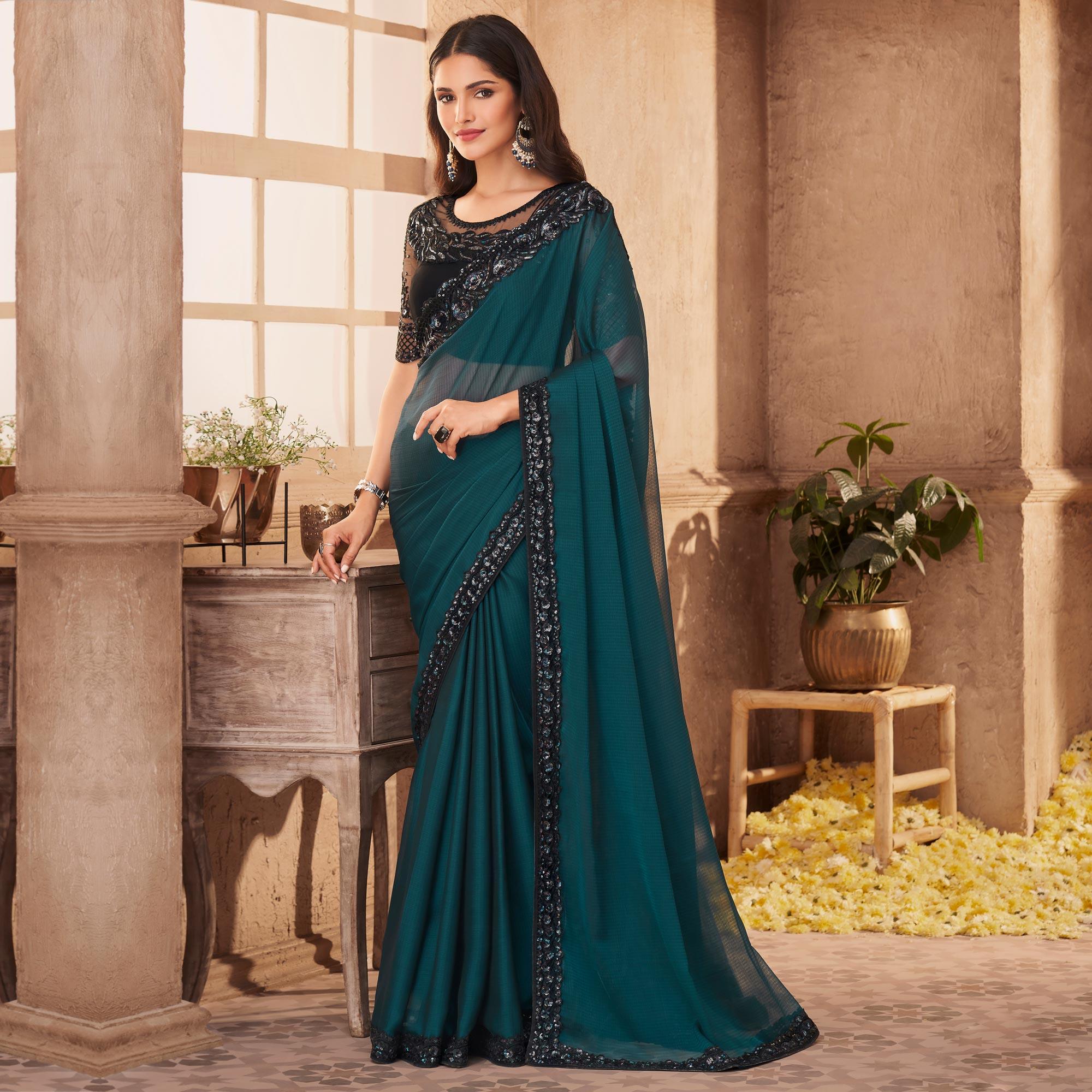 Rama Blue Partywear Embroidered Silk Saree - Peachmode