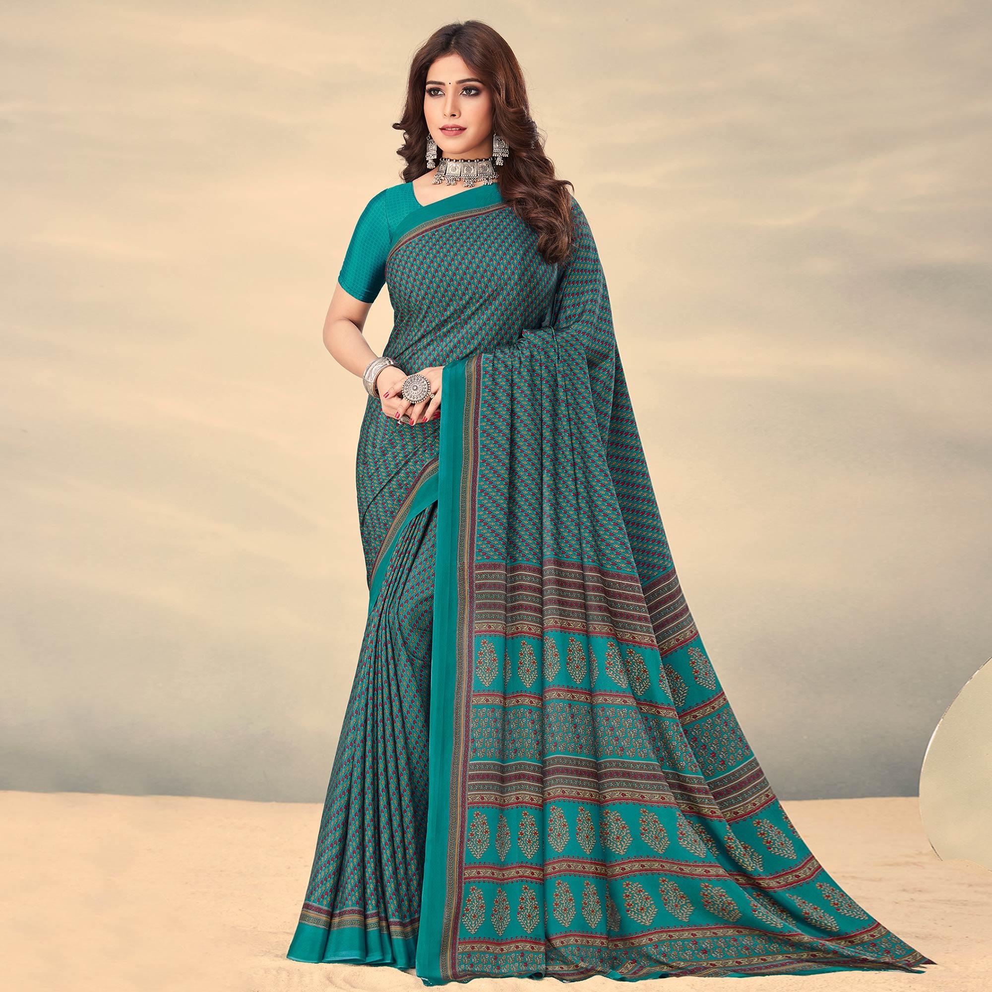 Rama Blue Printed Crepe Saree - Peachmode