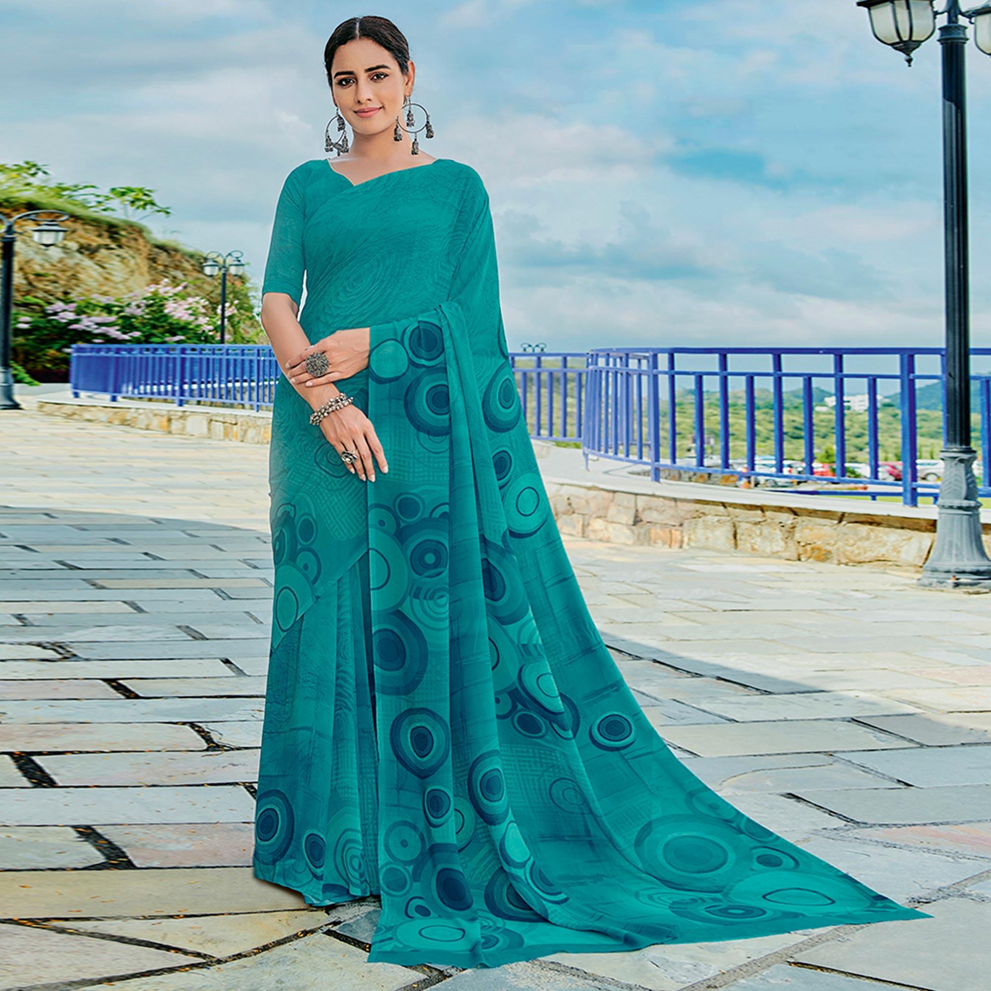 Rama Blue Printed Georgette Saree - Peachmode