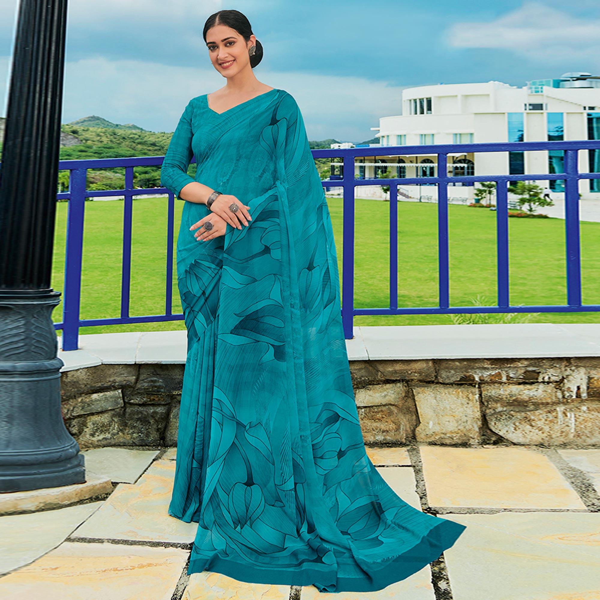 Rama Blue Printed Georgette Saree - Peachmode