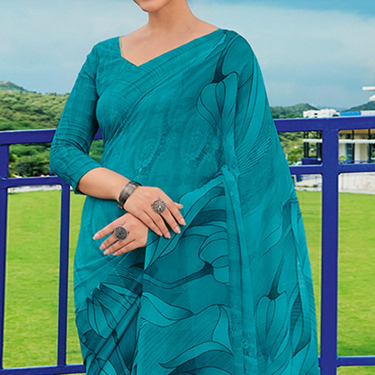 Rama Blue Printed Georgette Saree - Peachmode