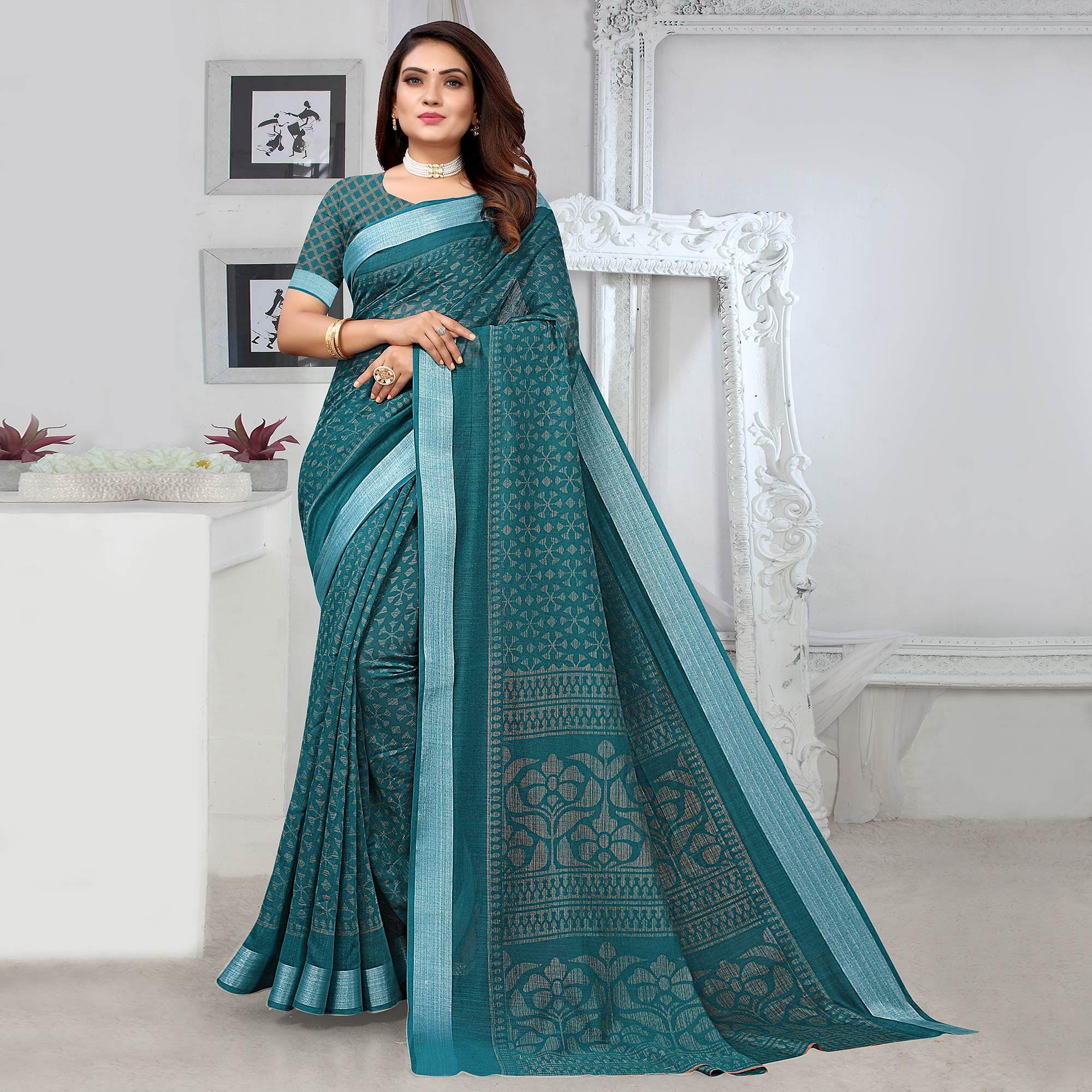 Rama Blue Printed Linen Saree - Peachmode