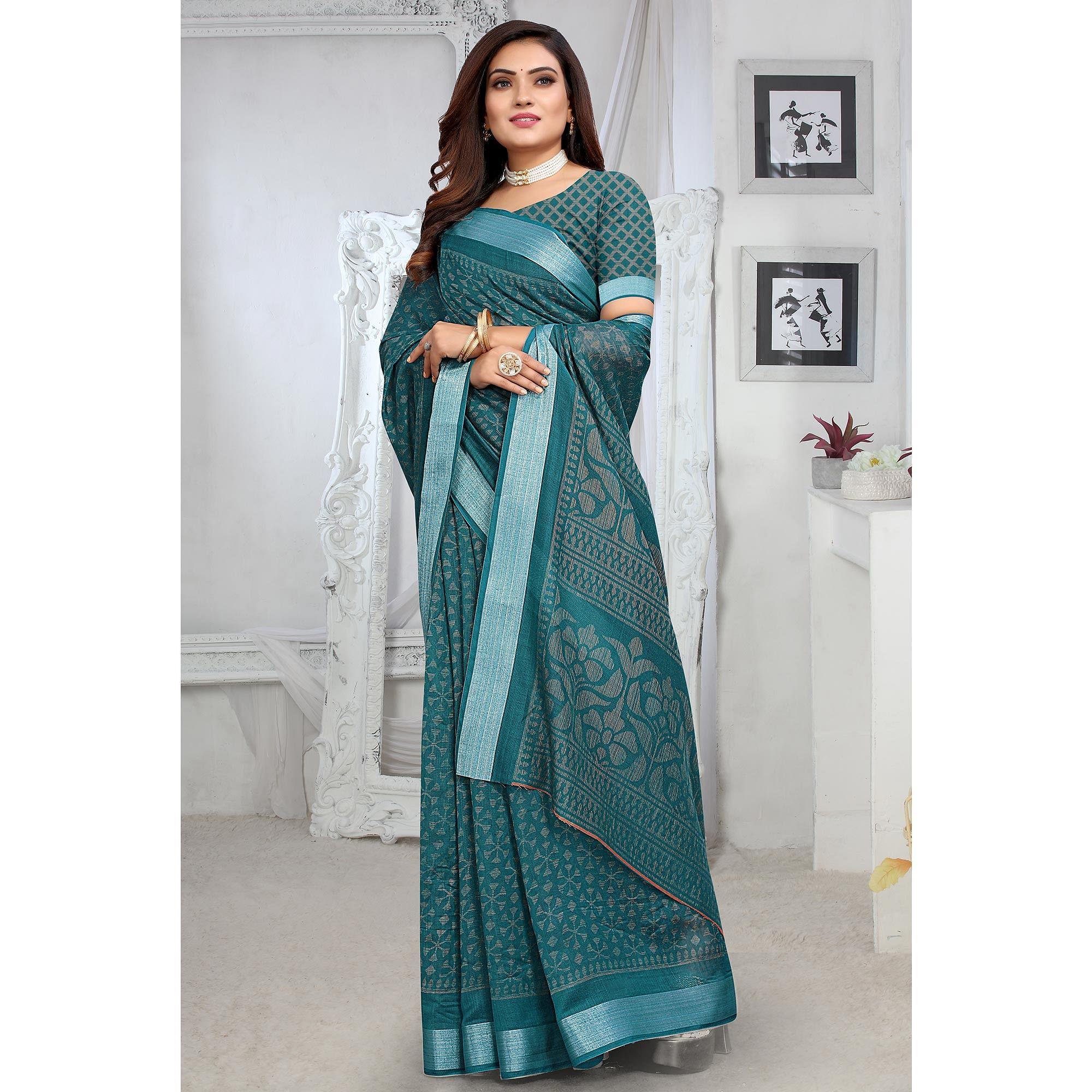 Rama Blue Printed Linen Saree - Peachmode