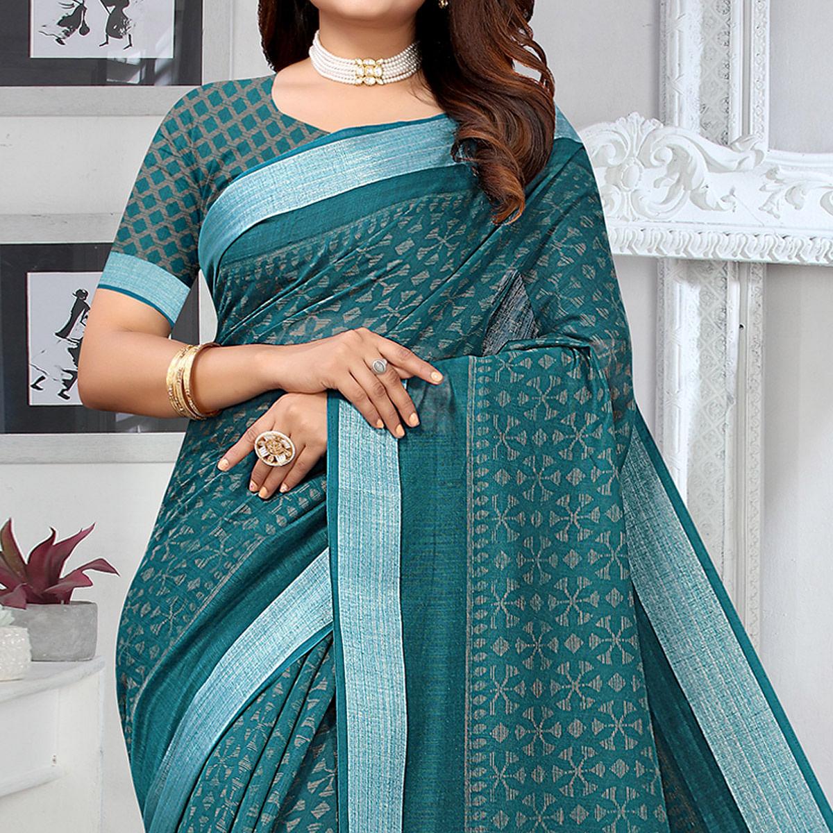 Rama Blue Printed Linen Saree - Peachmode