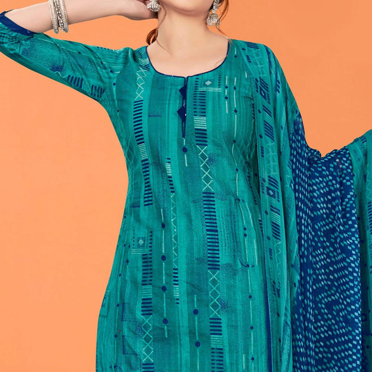 Rama Blue Printed Poly Cotton Dress Material - Peachmode