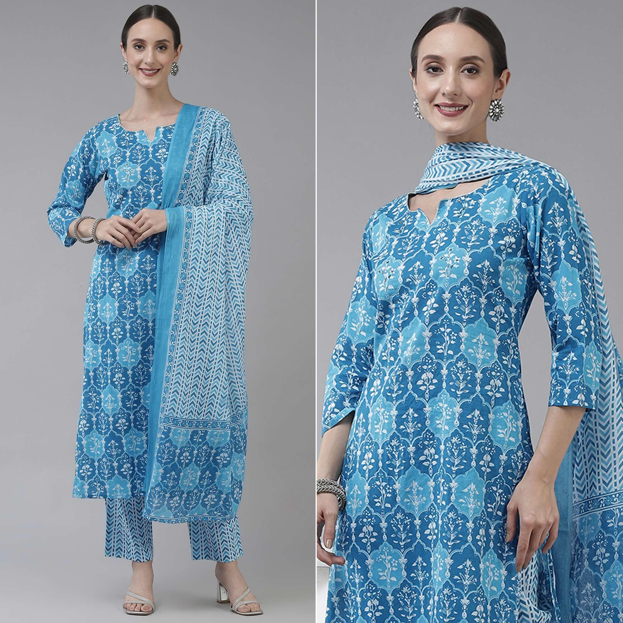 Rama Blue Printed Pure Cotton Kurti Pant Set With Dupatta - Peachmode