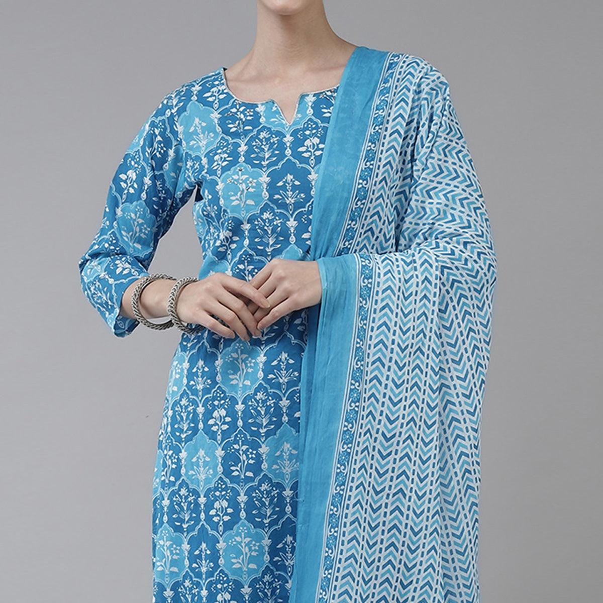 Rama Blue Printed Pure Cotton Kurti Pant Set With Dupatta - Peachmode