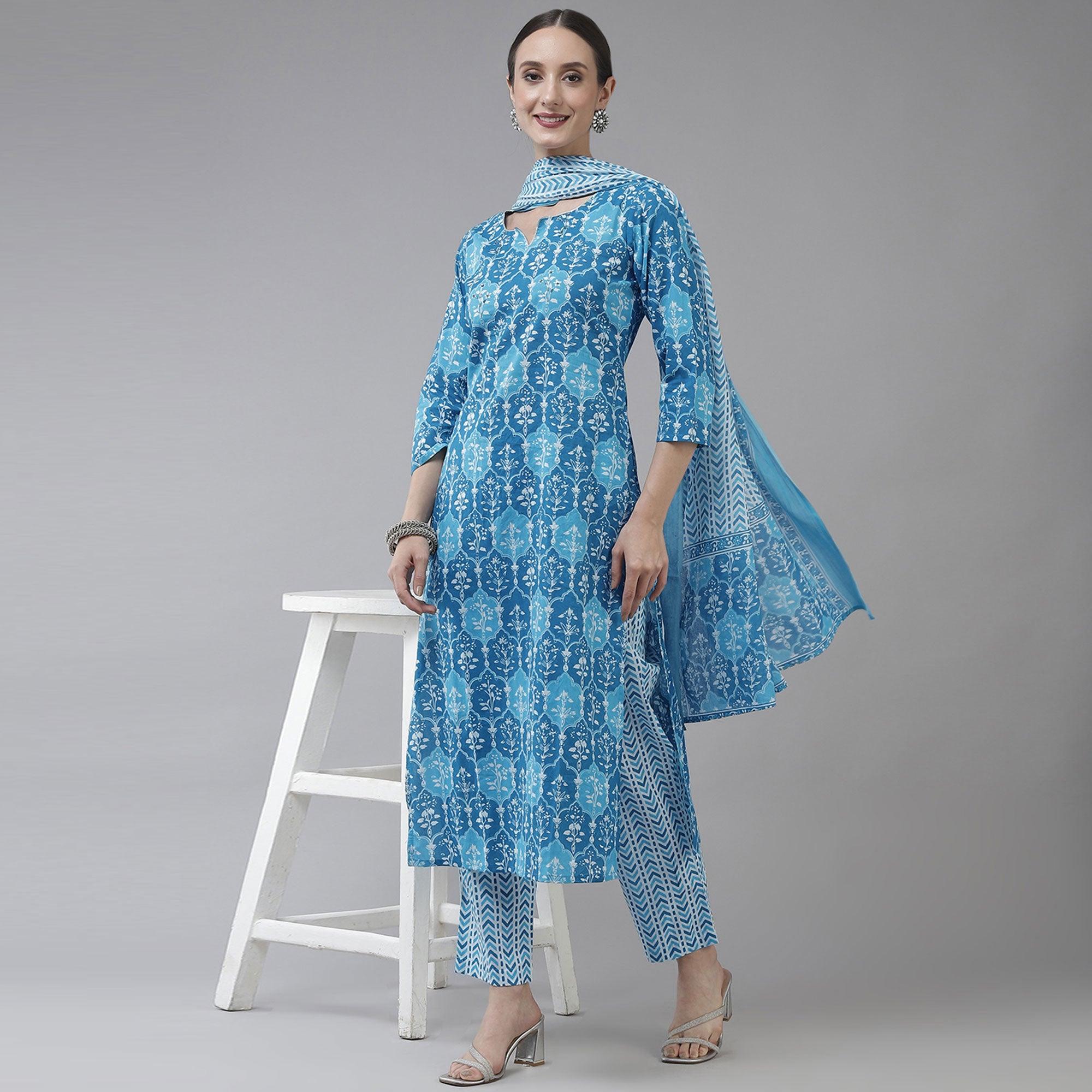 Rama Blue Printed Pure Cotton Kurti Pant Set With Dupatta - Peachmode