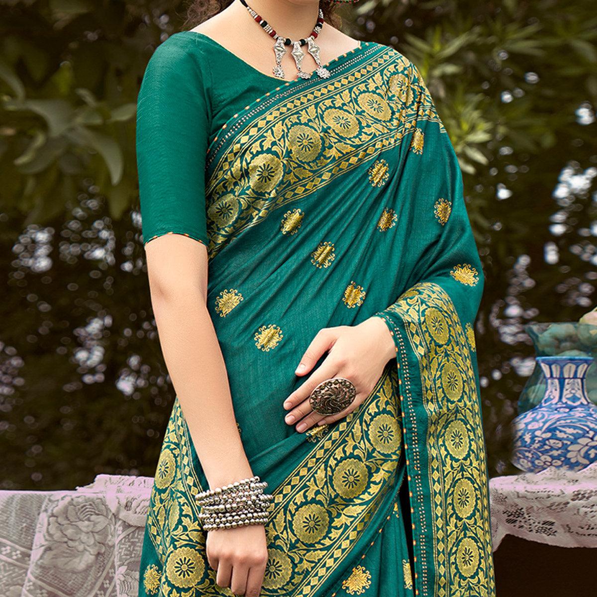 Rama Blue Printed Vichitra Silk Saree With Tassels - Peachmode