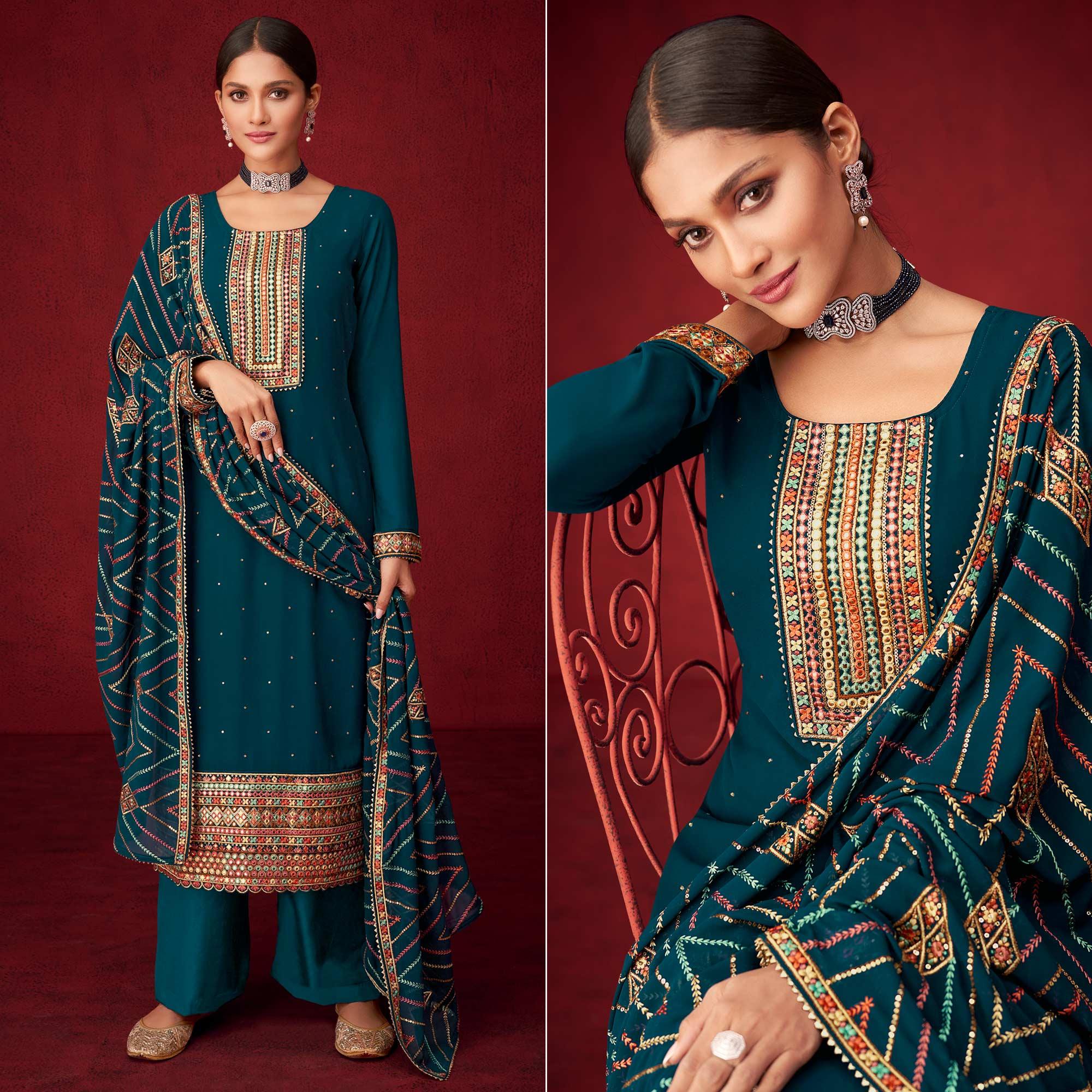 Rama Blue Sequence Embroidered Georgette Partywear Suit - Peachmode