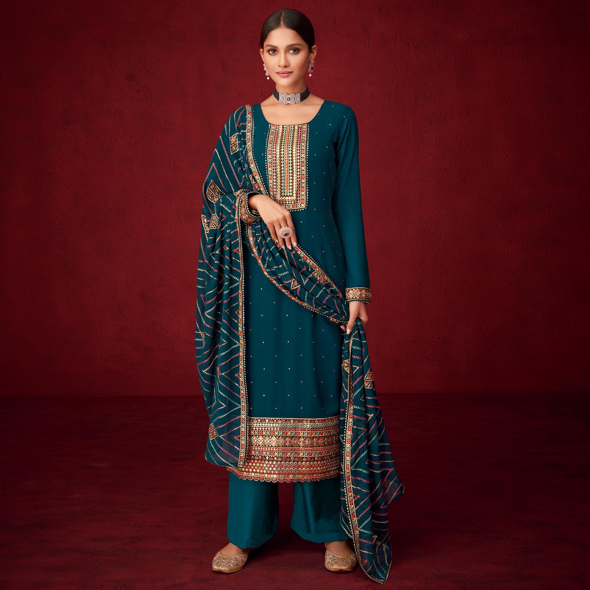Rama Blue Sequence Embroidered Georgette Partywear Suit - Peachmode