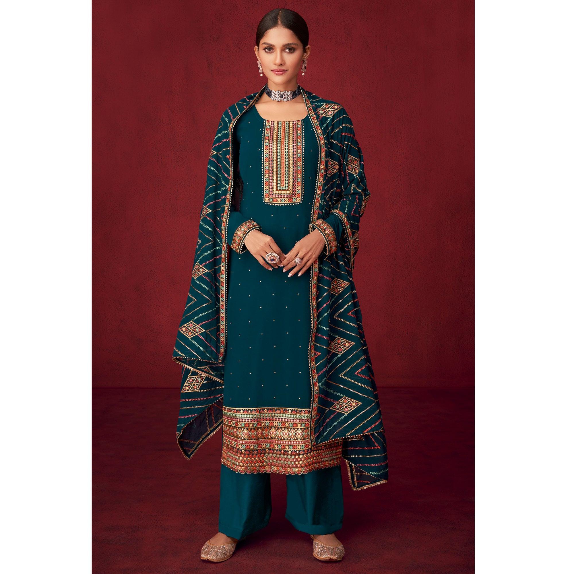Rama Blue Sequence Embroidered Georgette Partywear Suit - Peachmode