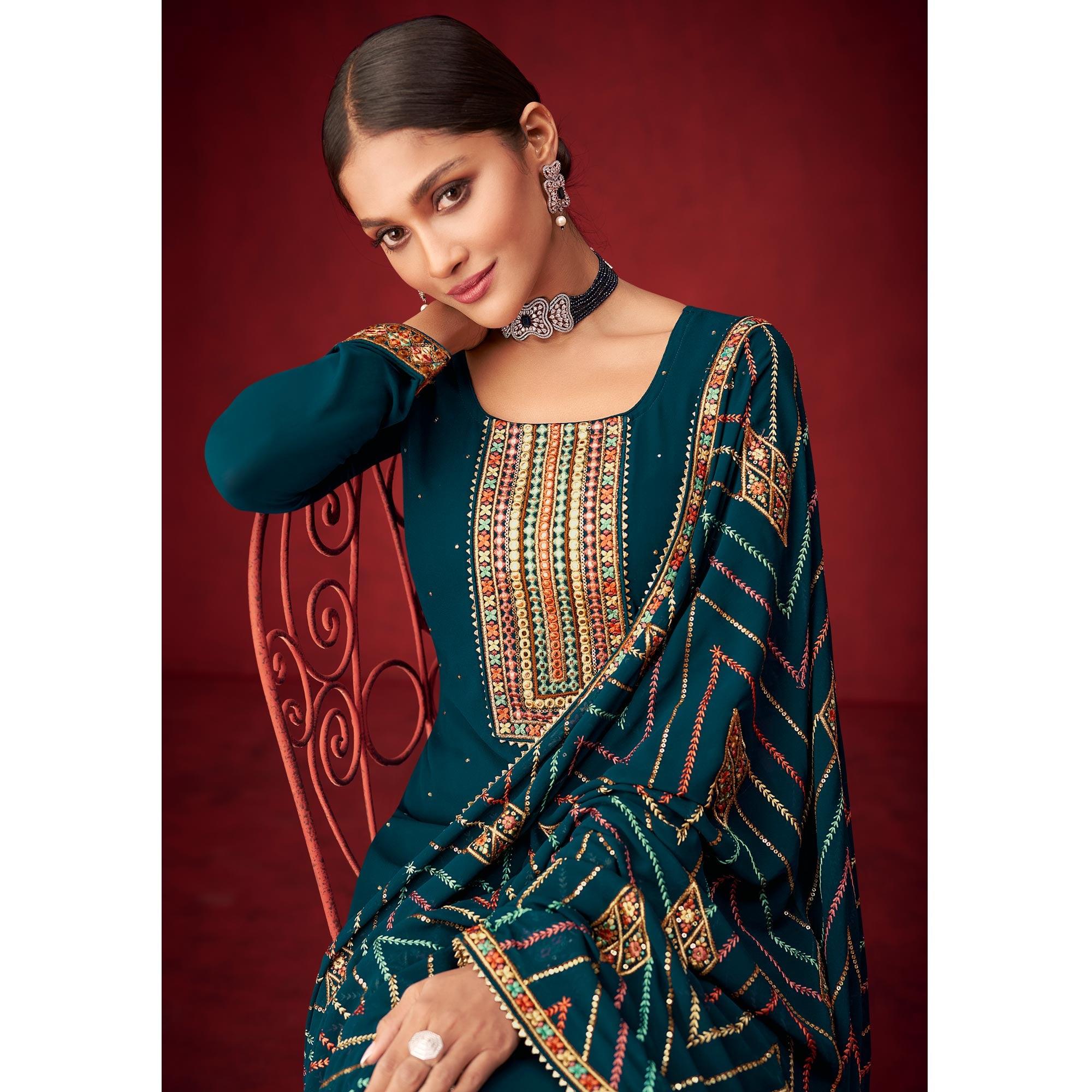 Rama Blue Sequence Embroidered Georgette Partywear Suit - Peachmode