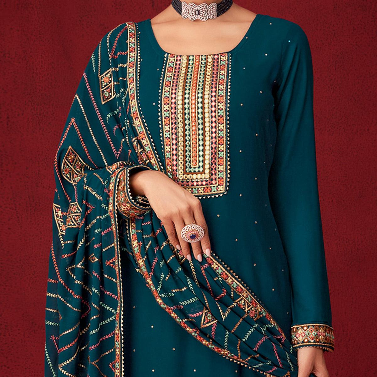 Rama Blue Sequence Embroidered Georgette Partywear Suit - Peachmode