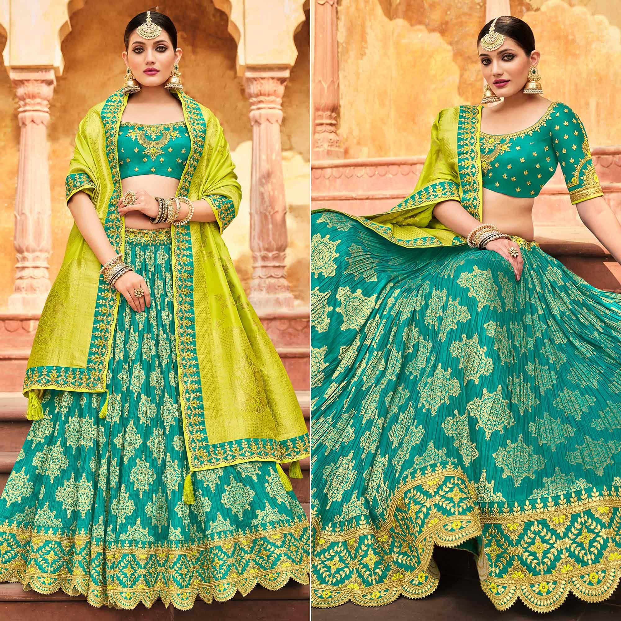 Rama Blue Wedding Wear Woven-Embellished Banarasi Silk Lehenga Choli - Peachmode