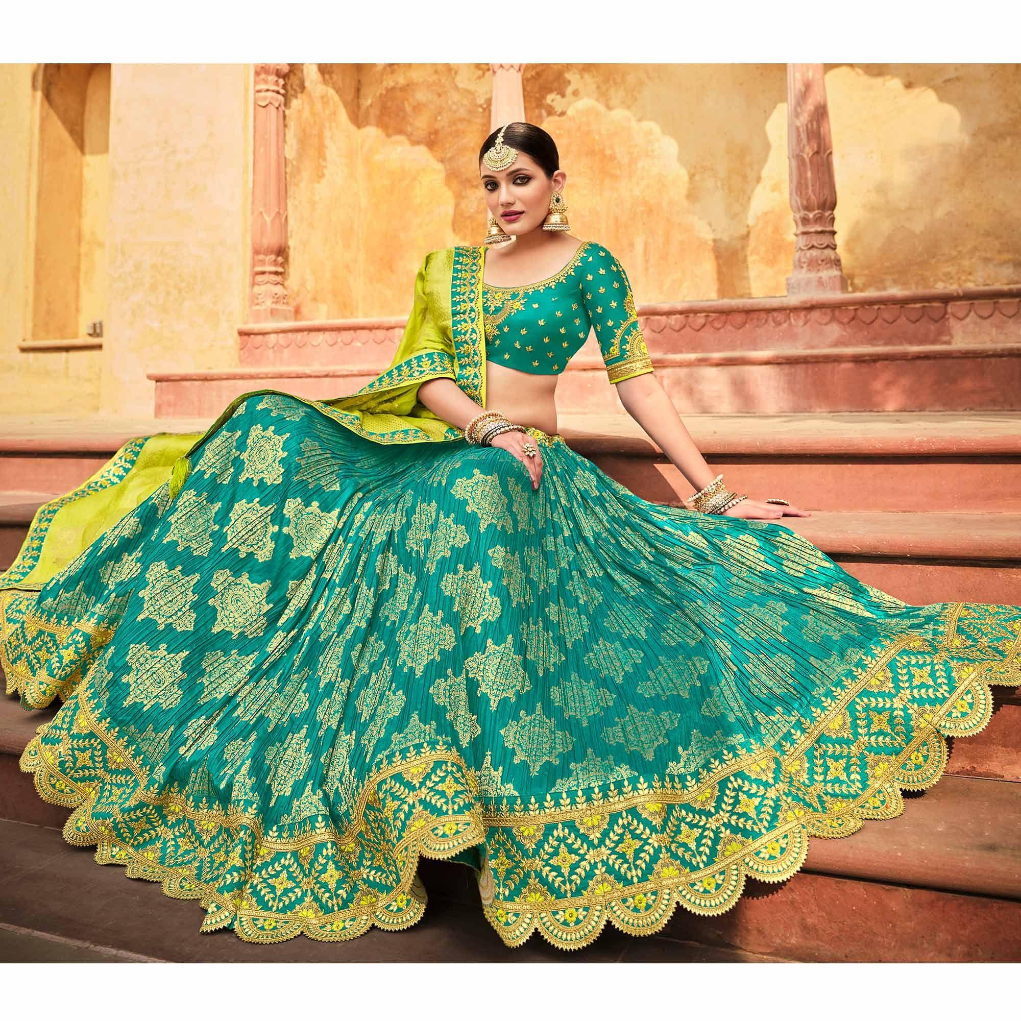 Rama Blue Wedding Wear Woven-Embellished Banarasi Silk Lehenga Choli - Peachmode