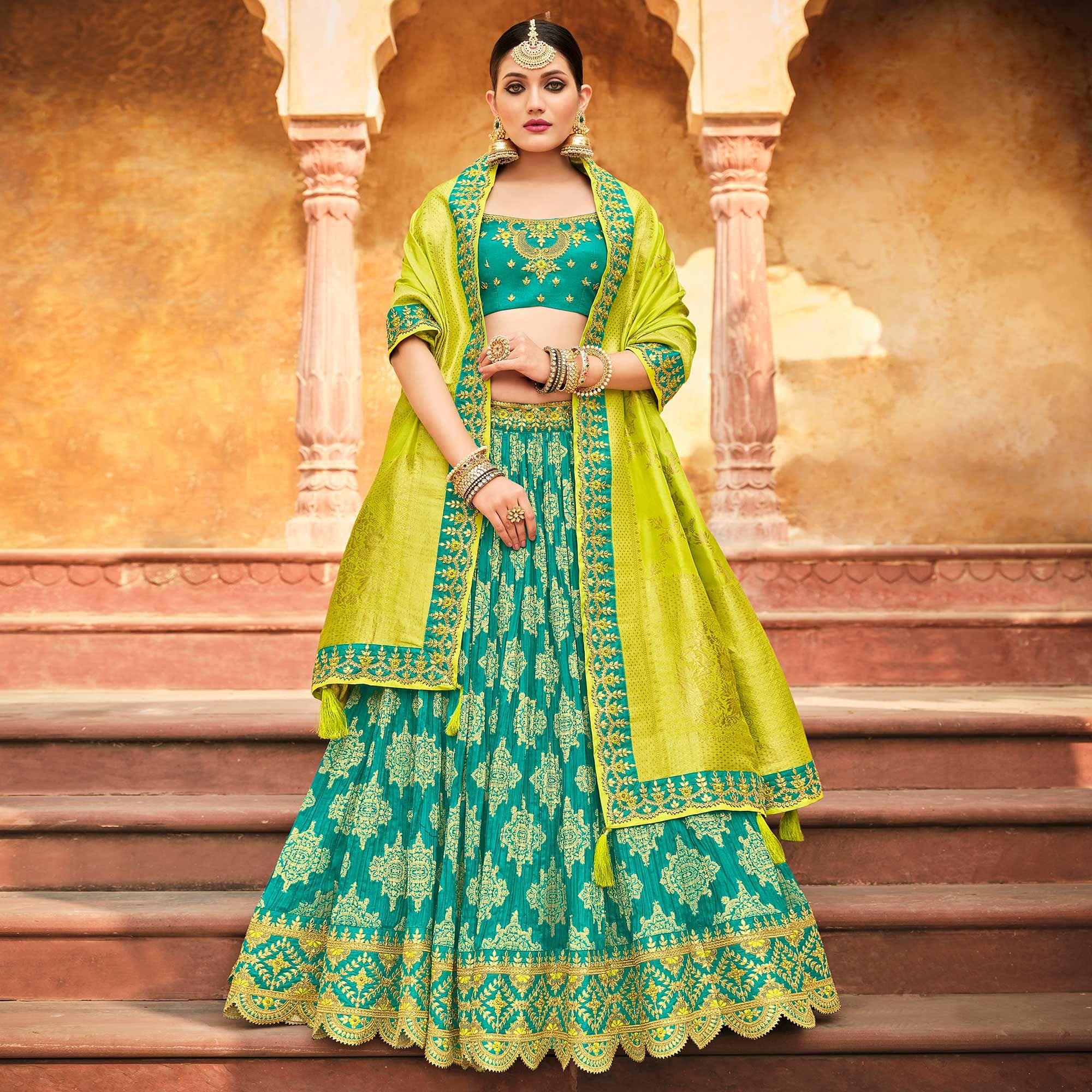 Rama Blue Wedding Wear Woven-Embellished Banarasi Silk Lehenga Choli - Peachmode