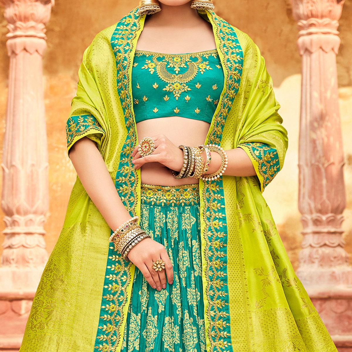 Rama Blue Wedding Wear Woven-Embellished Banarasi Silk Lehenga Choli - Peachmode