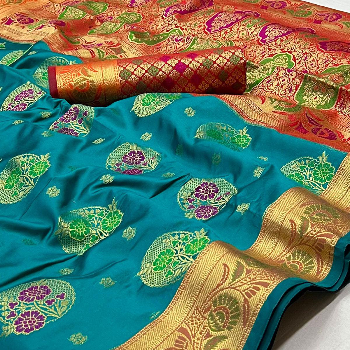 Rama Blue Woven Art Silk Saree - Peachmode