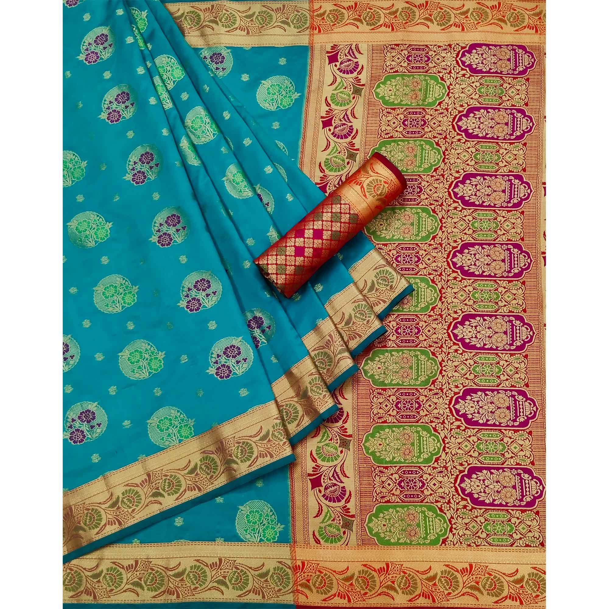 Rama Blue Woven Art Silk Saree - Peachmode