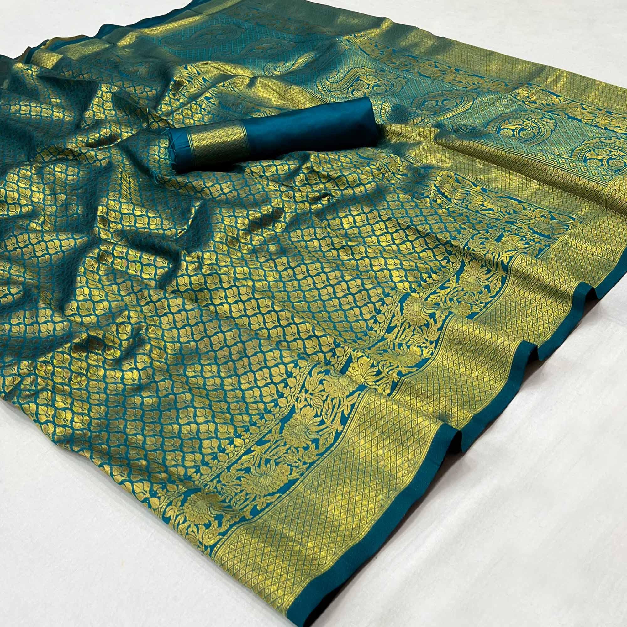 Rama Blue Woven Jacquard Saree - Peachmode