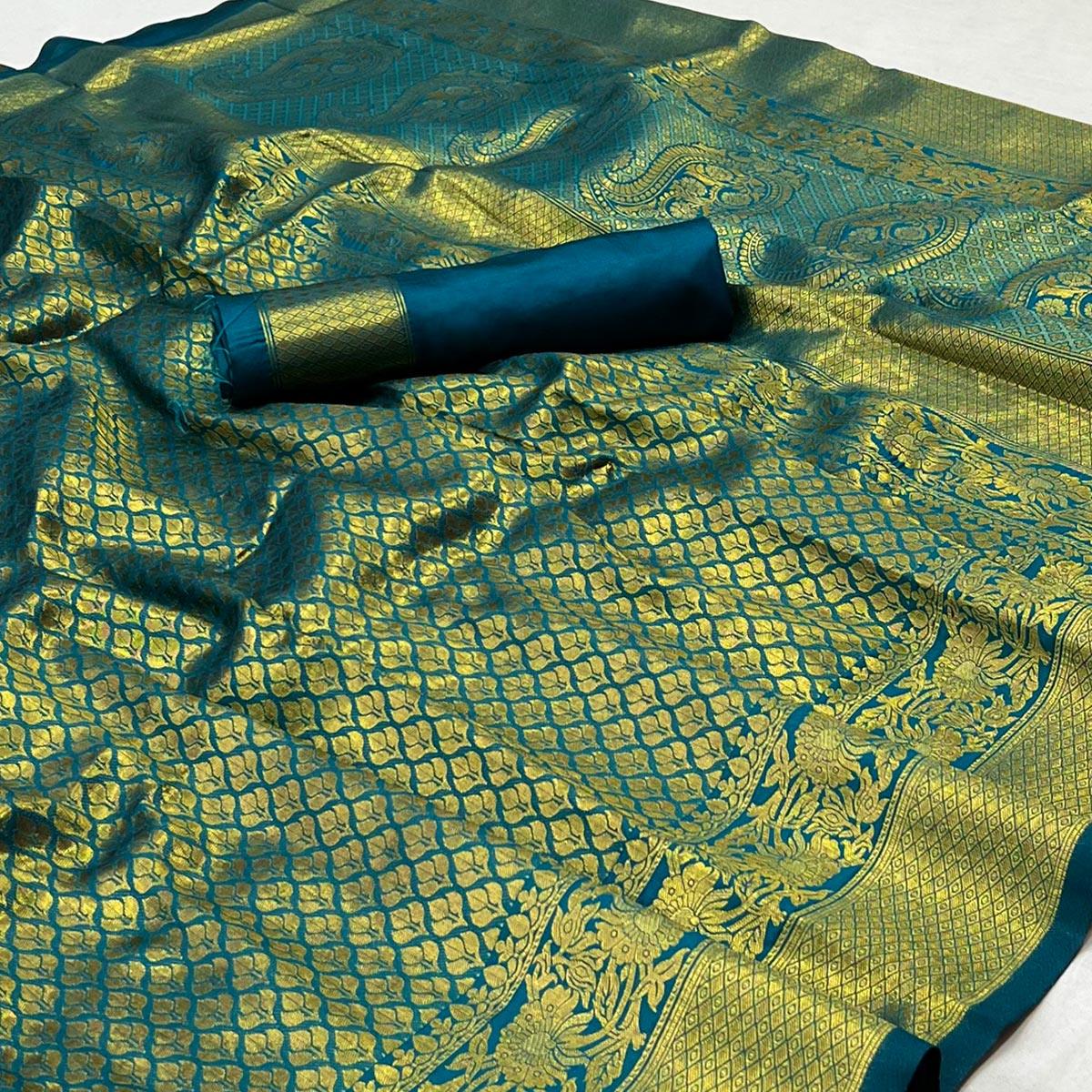 Rama Blue Woven Jacquard Saree - Peachmode