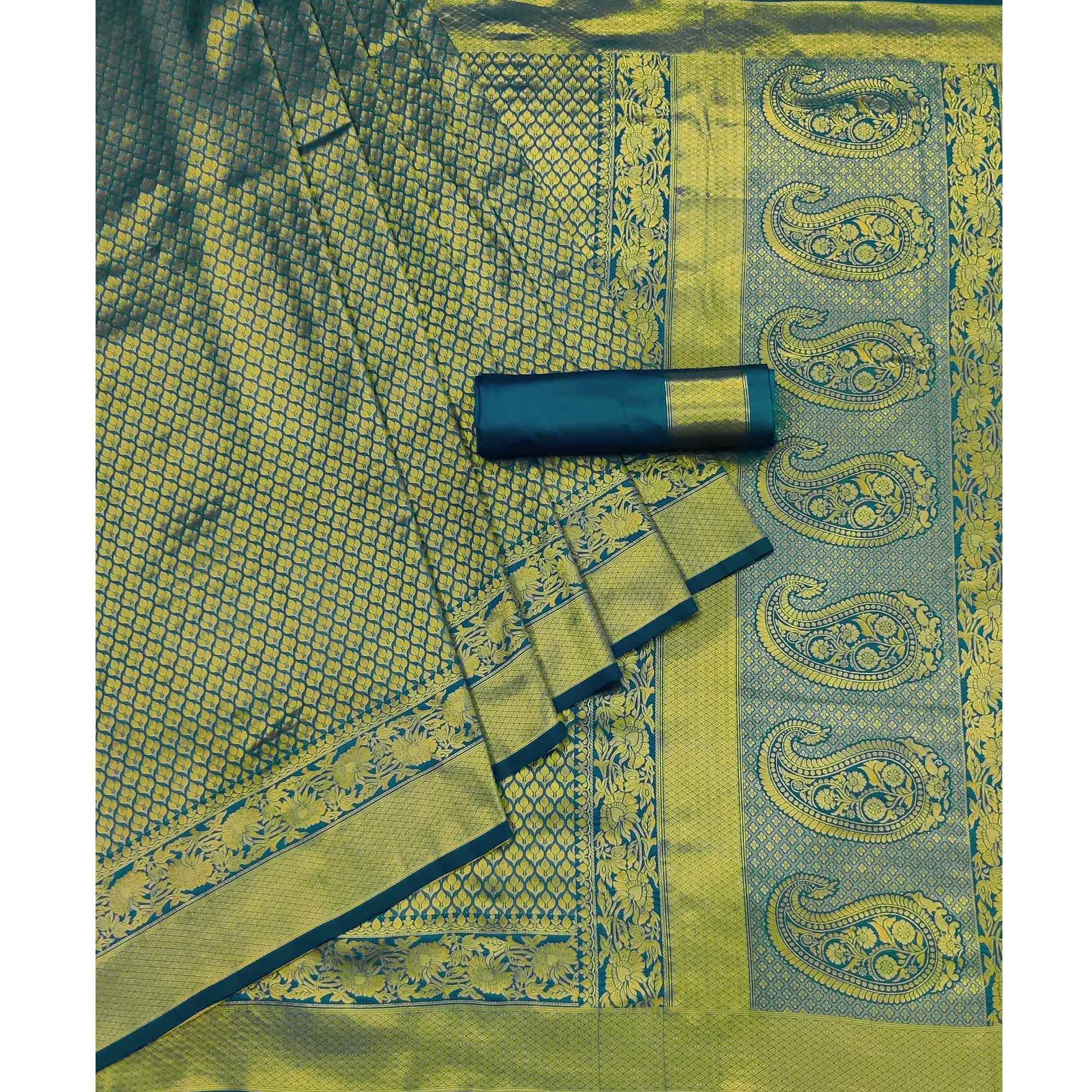 Rama Blue Woven Jacquard Saree - Peachmode