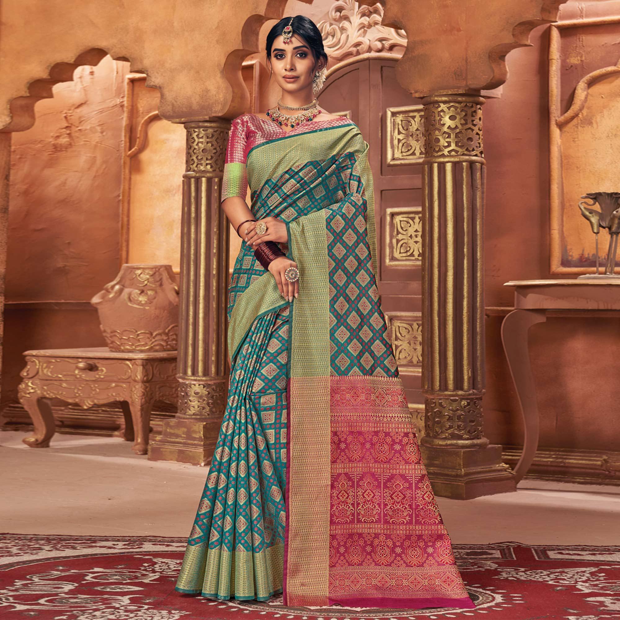 Rama Blue Woven Patola Art Silk Saree - Peachmode