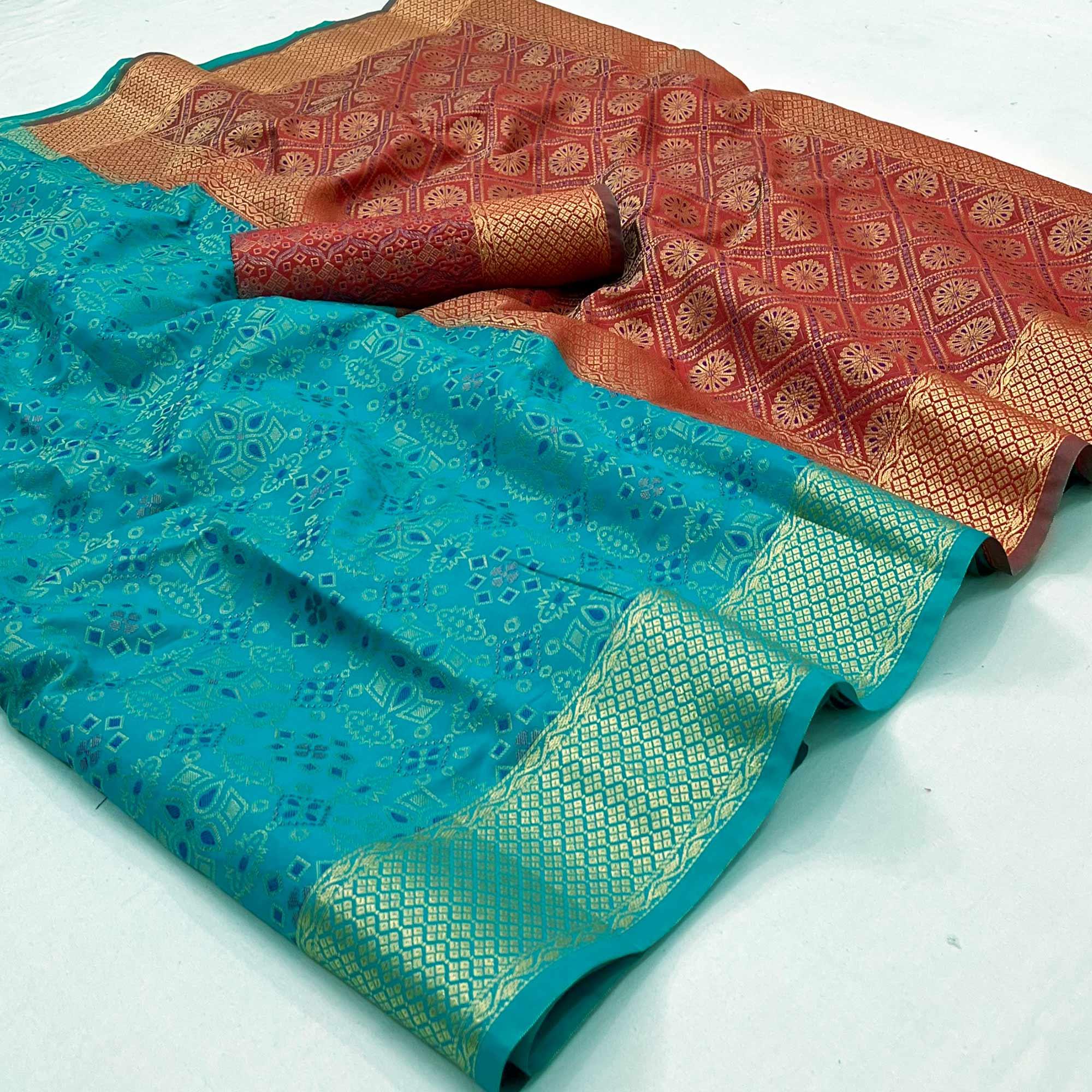 Rama Blue Woven Patola Art Silk Saree - Peachmode