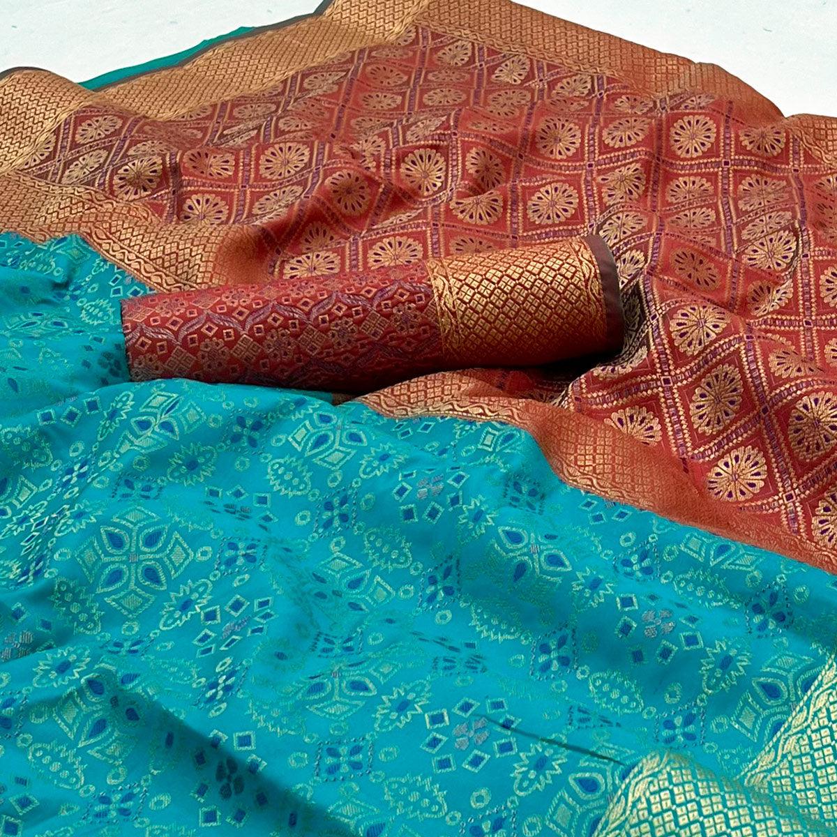 Rama Blue Woven Patola Art Silk Saree - Peachmode