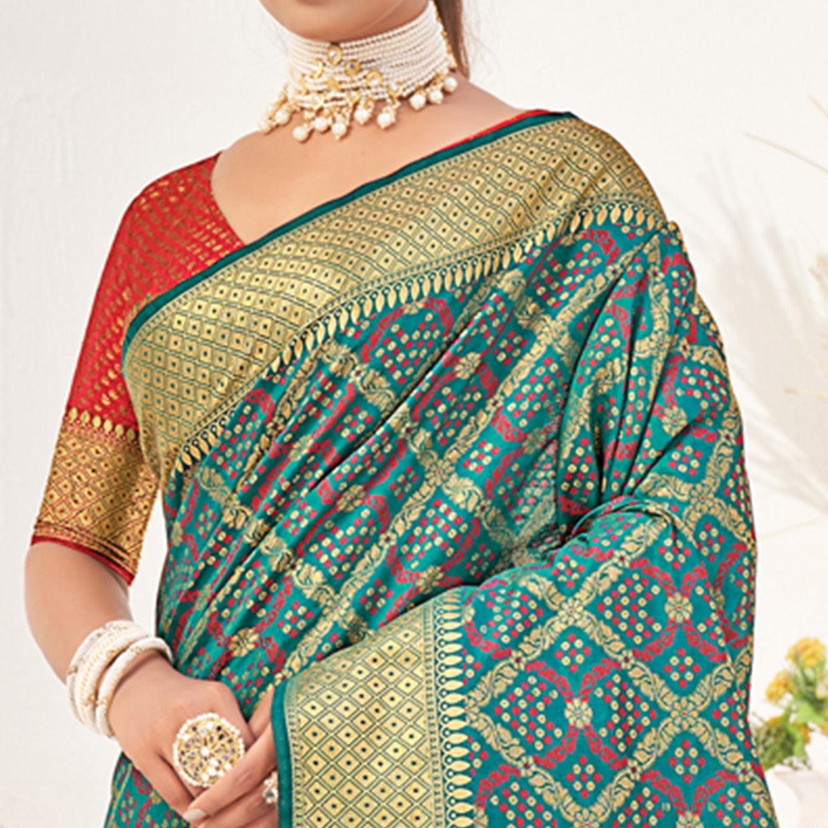 Rama Blue Woven Patola Art Silk Saree - Peachmode