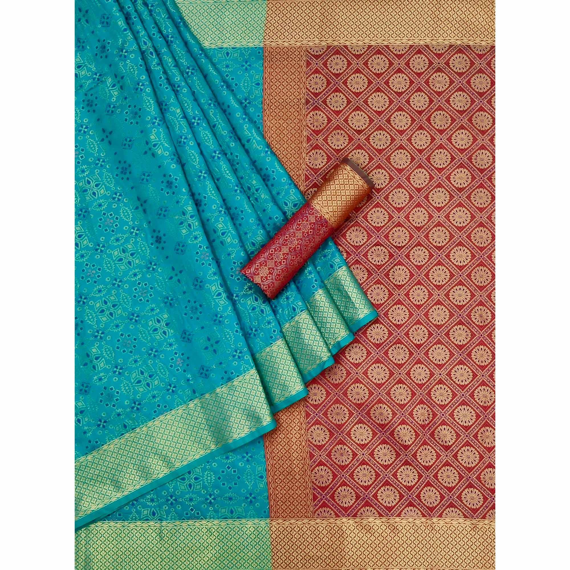 Rama Blue Woven Patola Art Silk Saree - Peachmode