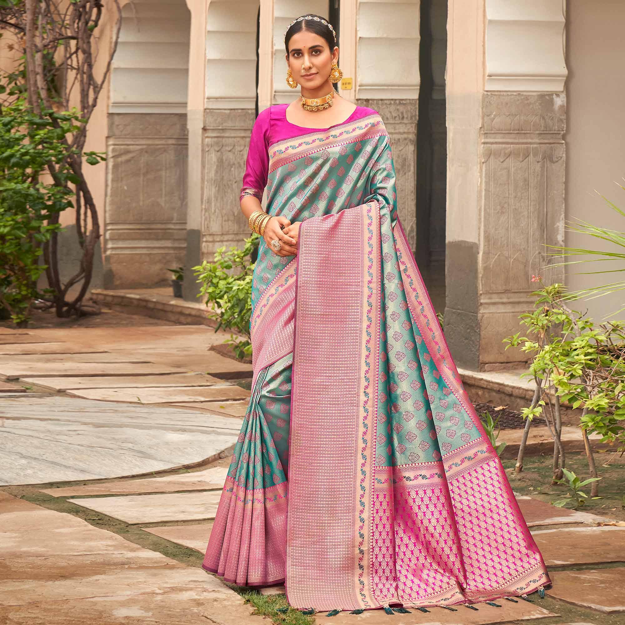 Rama Blue Woven Silk Saree With Tassels - Peachmode