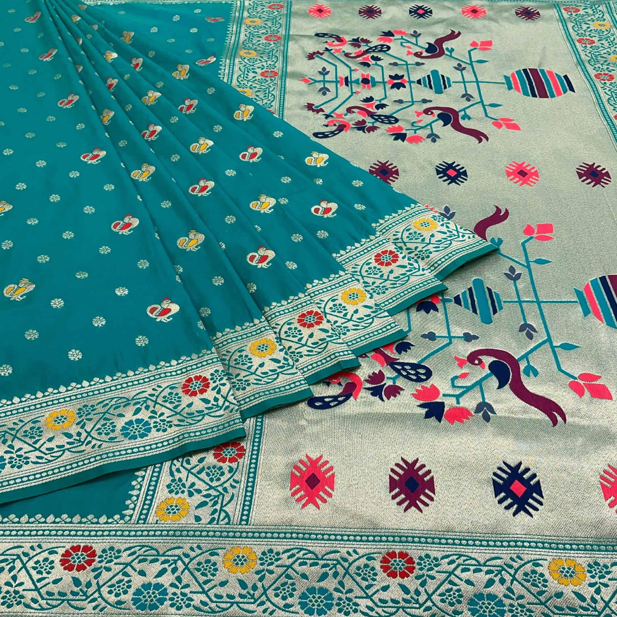 Rama Blue Zari Woven Art Silk Saree - Peachmode