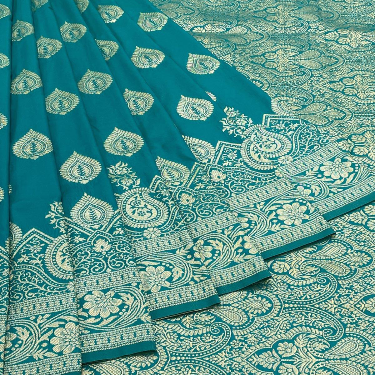 Rama Blue Zari Woven Art Silk Saree - Peachmode