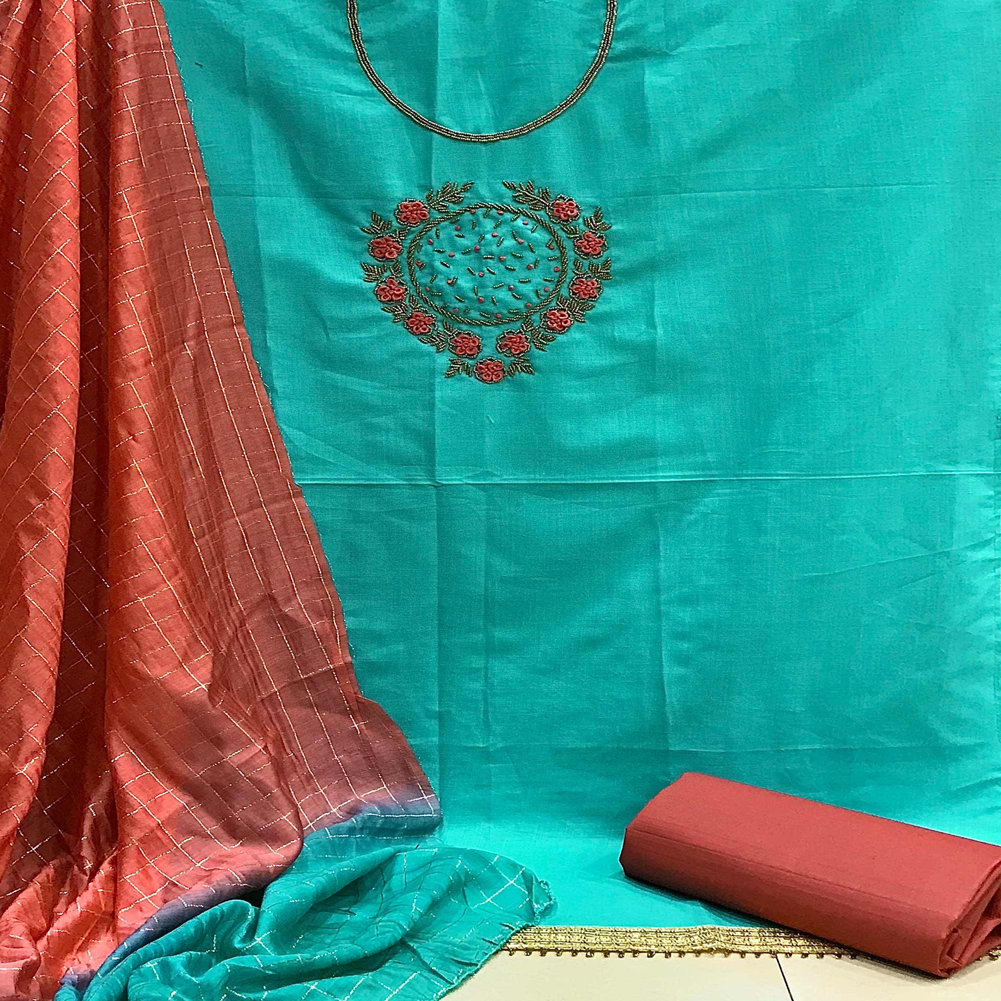 Rama Bue Casual Wear Thread Beads Khatli Work Cotton Dress Material - Peachmode