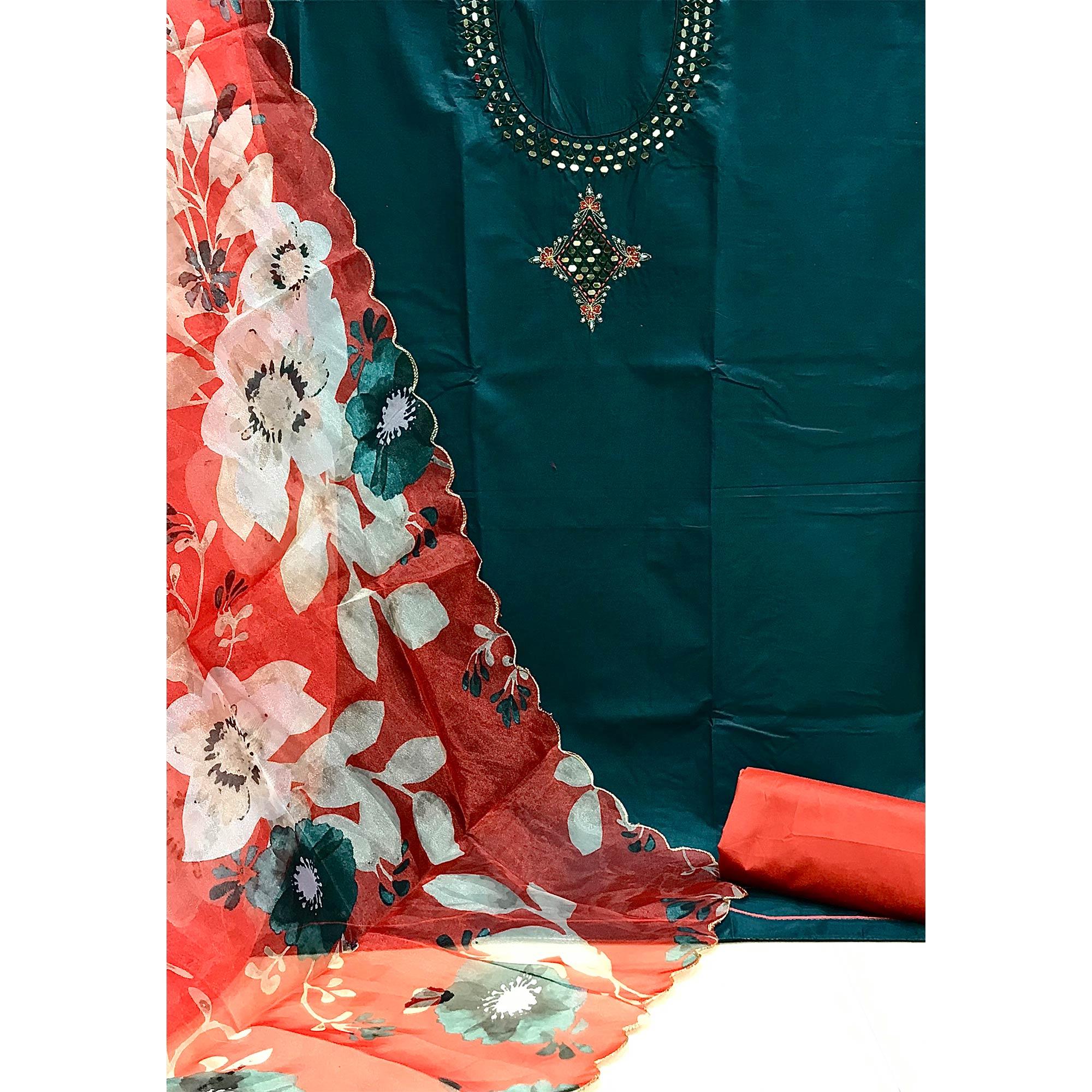 Rama Casual Embroidered Thread & Mirror Work Cotton Dress Material - Peachmode