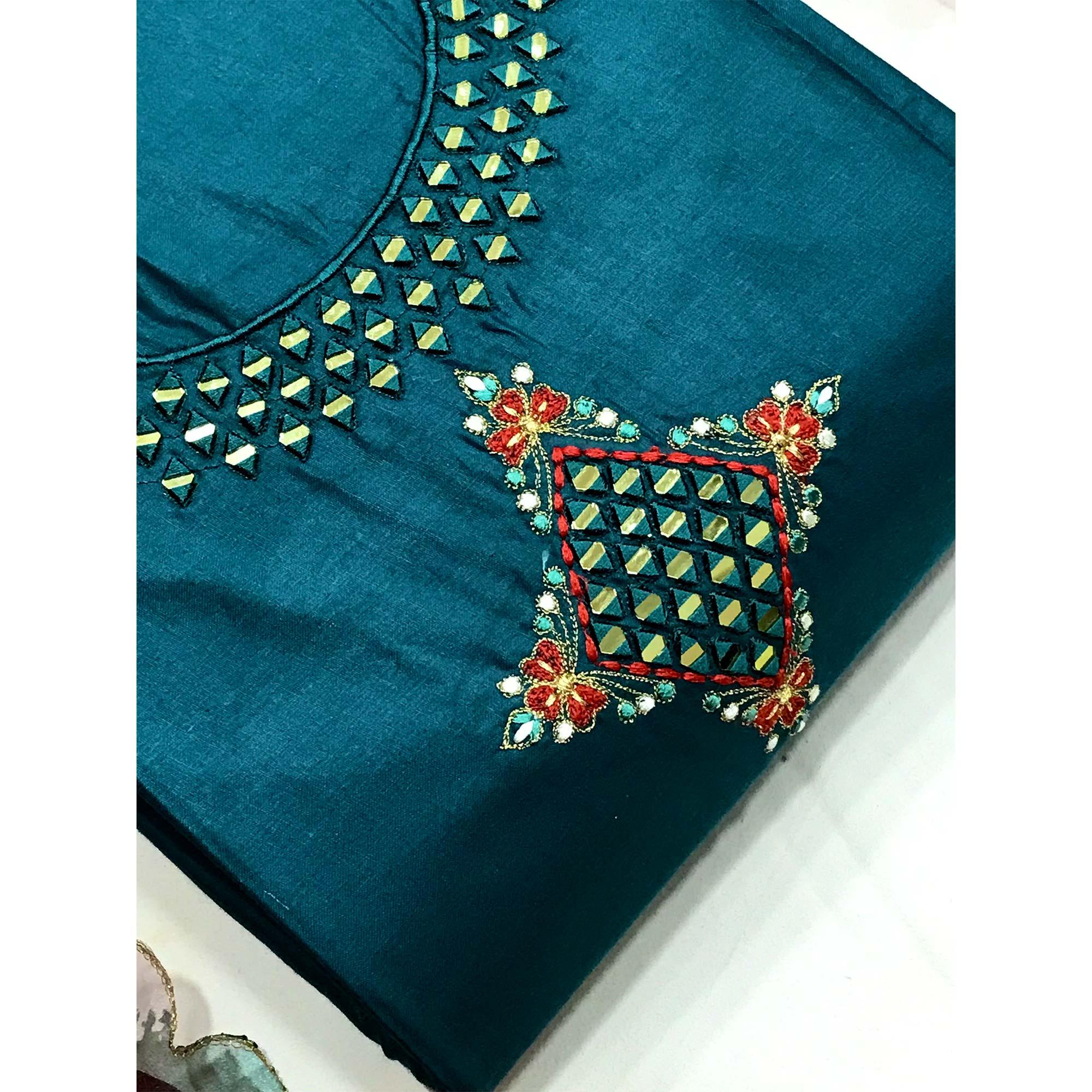 Rama Casual Embroidered Thread & Mirror Work Cotton Dress Material - Peachmode