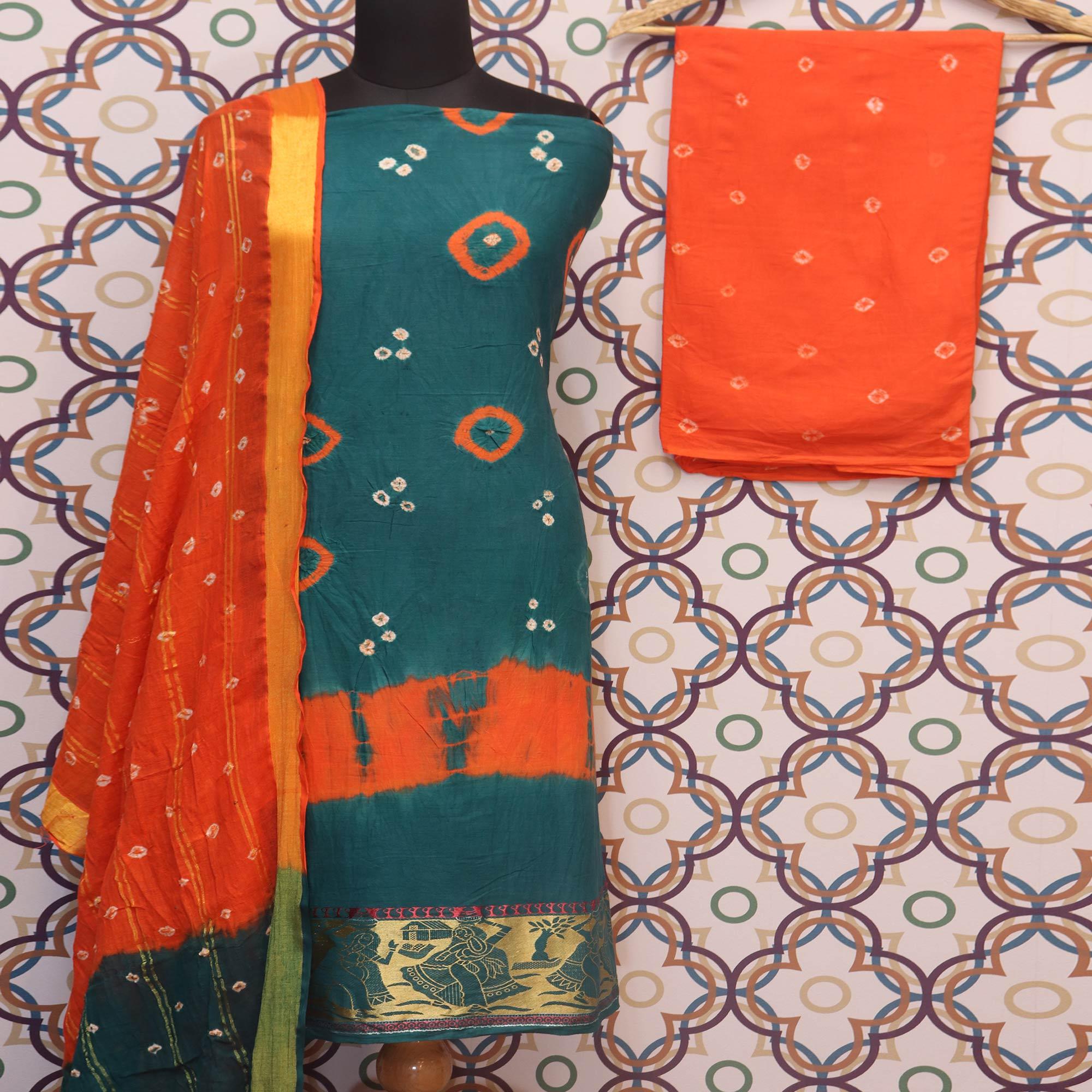 Rama Casual Wear Bandhej And Woven Pure Cotton Dress Material - Peachmode