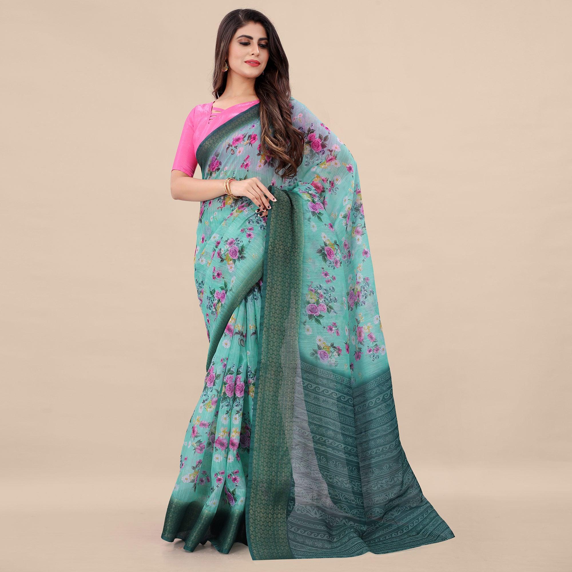 Rama Casual Wear Floral Digital Printed Cotton Saree With Woven Border - Peachmode