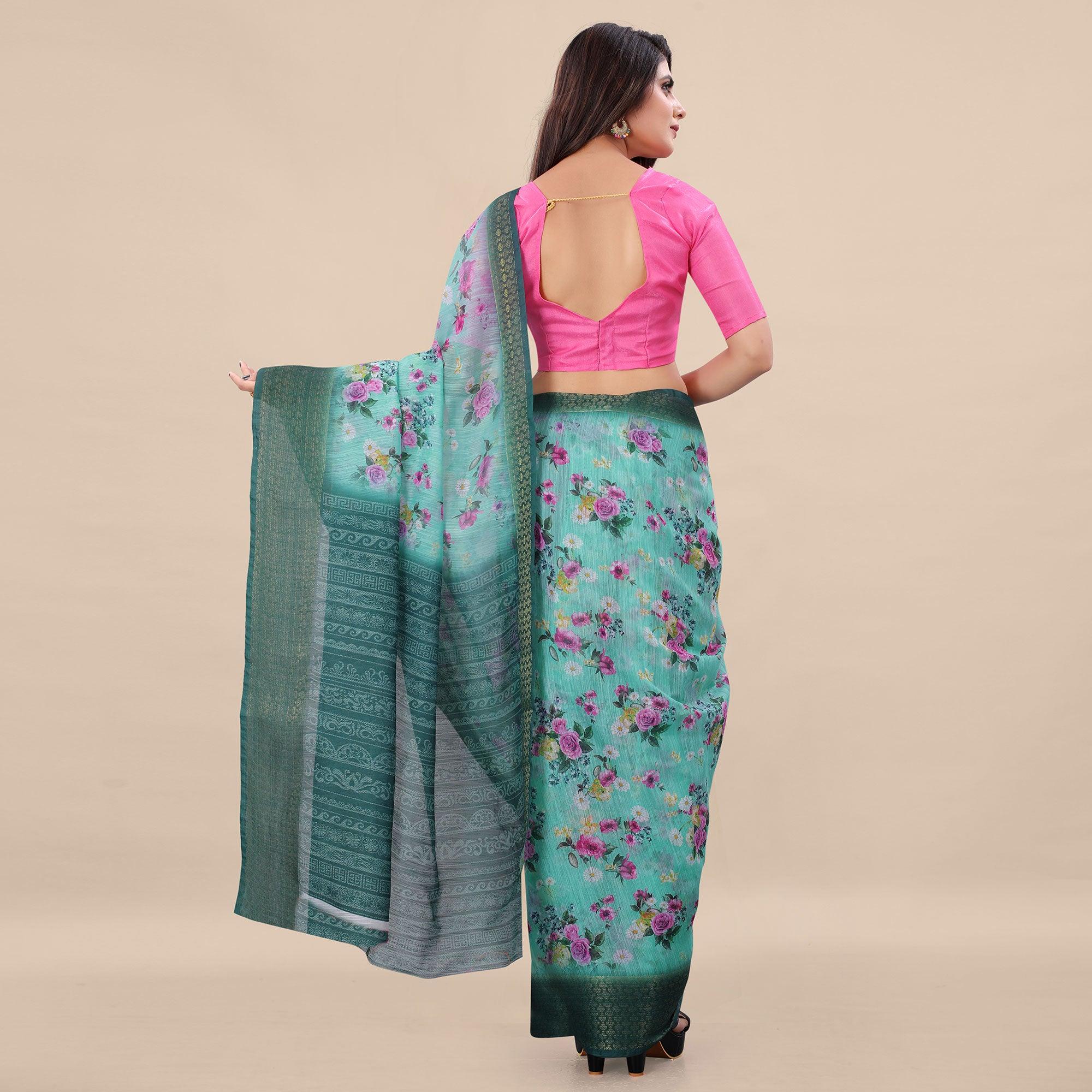 Rama Casual Wear Floral Digital Printed Cotton Saree With Woven Border - Peachmode