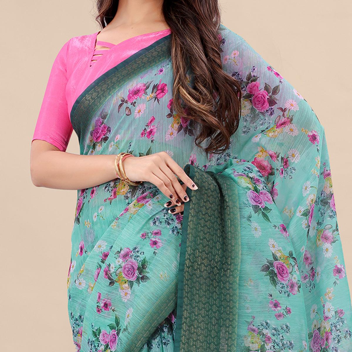 Rama Casual Wear Floral Digital Printed Cotton Saree With Woven Border - Peachmode