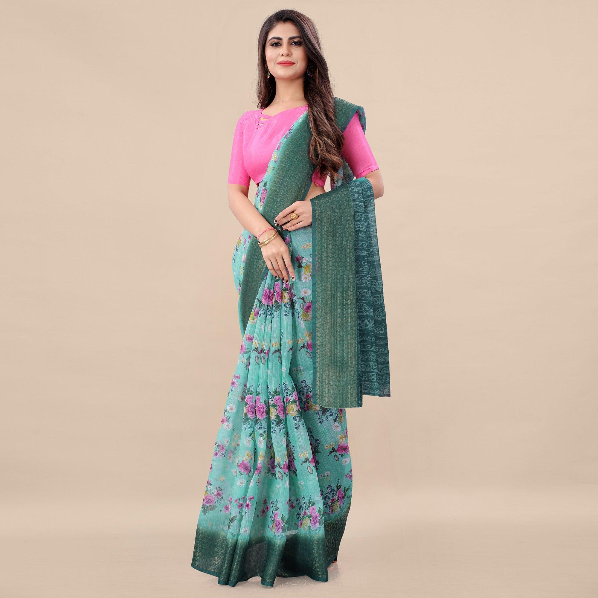 Rama Casual Wear Floral Digital Printed Cotton Saree With Woven Border - Peachmode