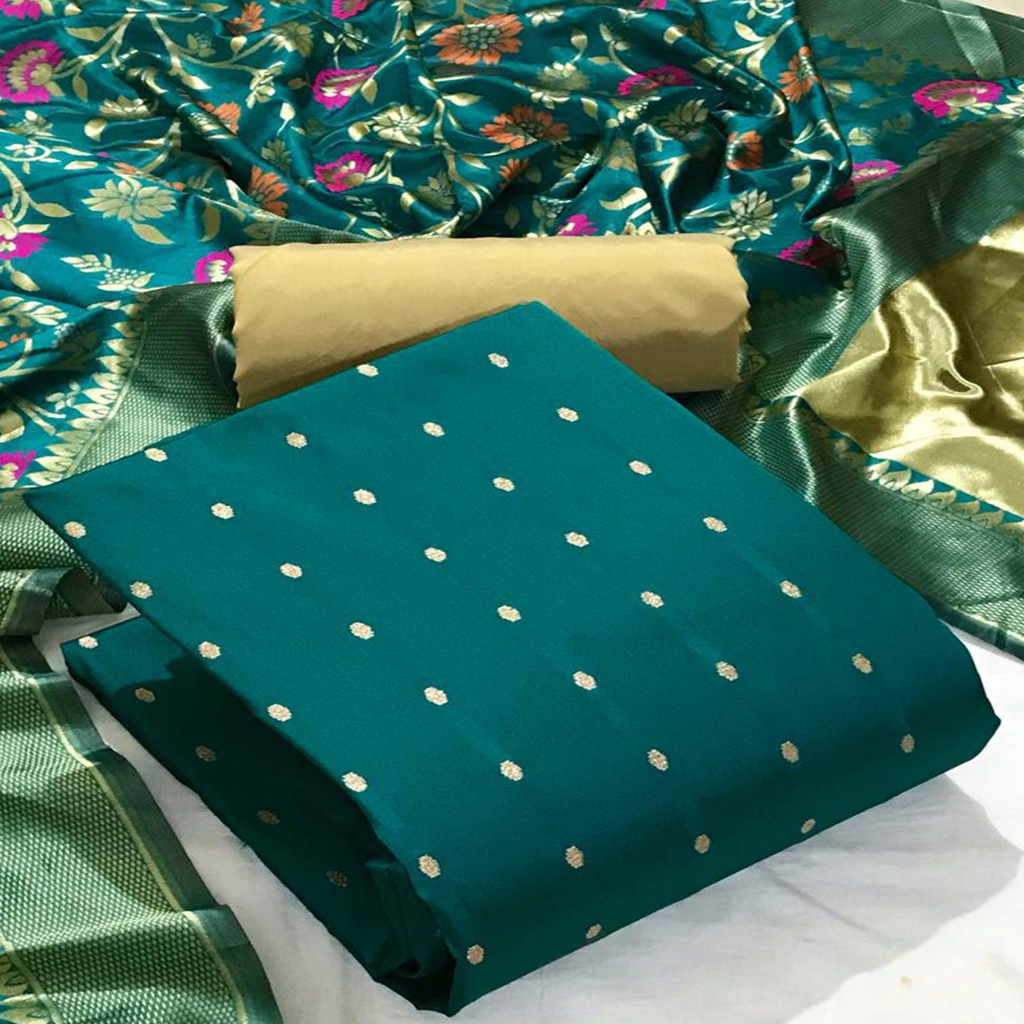 Rama Casual Wear Woven Banarasi Silk Dress Material - Peachmode