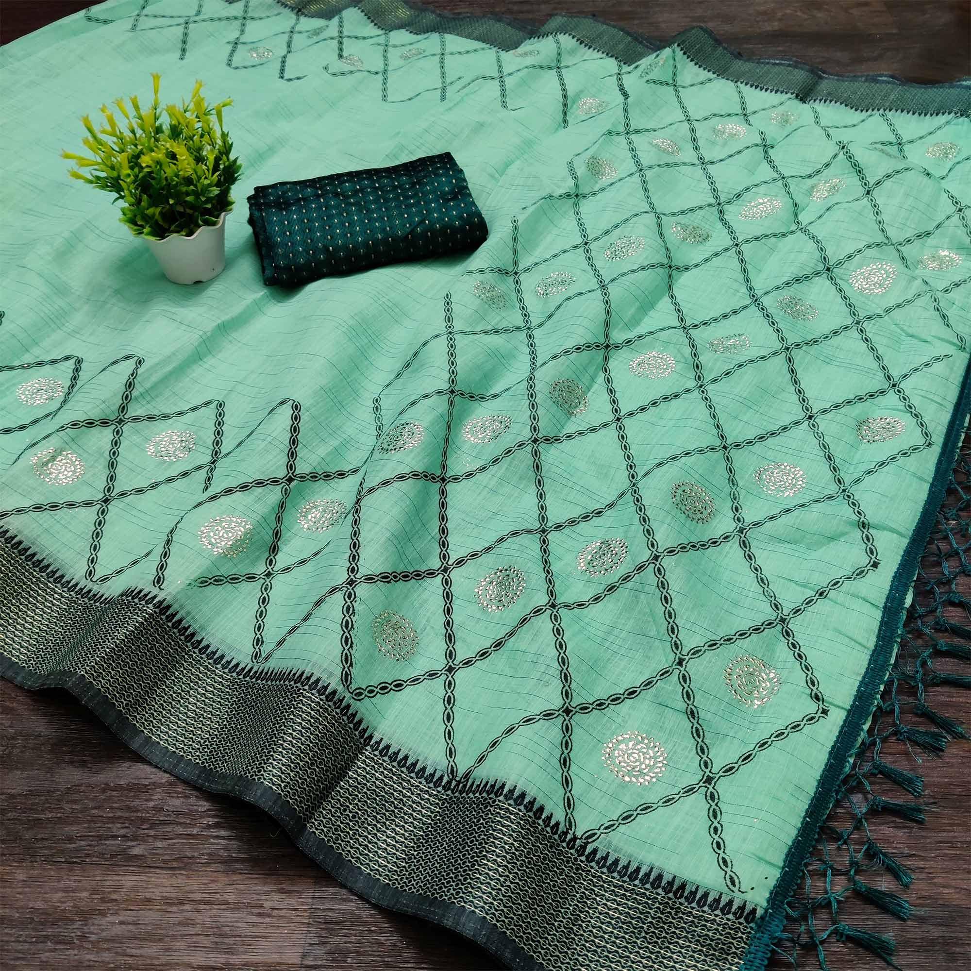 Rama Casual Wear Woven Cotton Saree With Mukaish Work - Peachmode