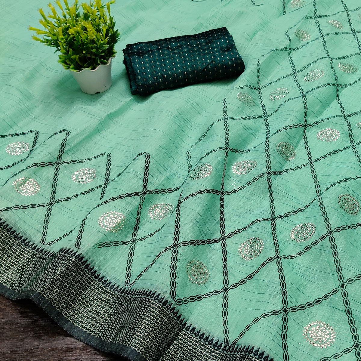 Rama Casual Wear Woven Cotton Saree With Mukaish Work - Peachmode